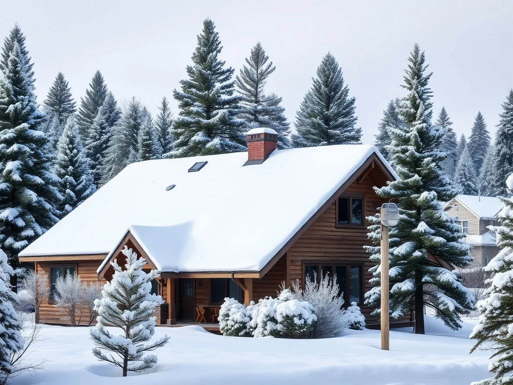 Snow-covered home near Cedar City, Utah in winter with pine trees and a cold, clear sky