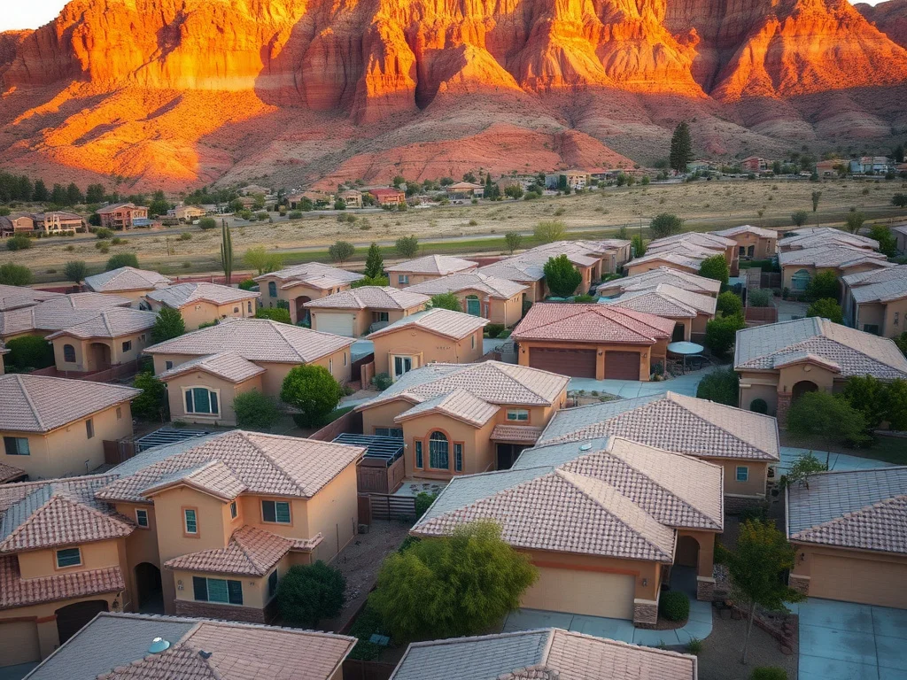 Southwestern desert home near St. George, Utah at golden hour with red sandstone cliffs in the background