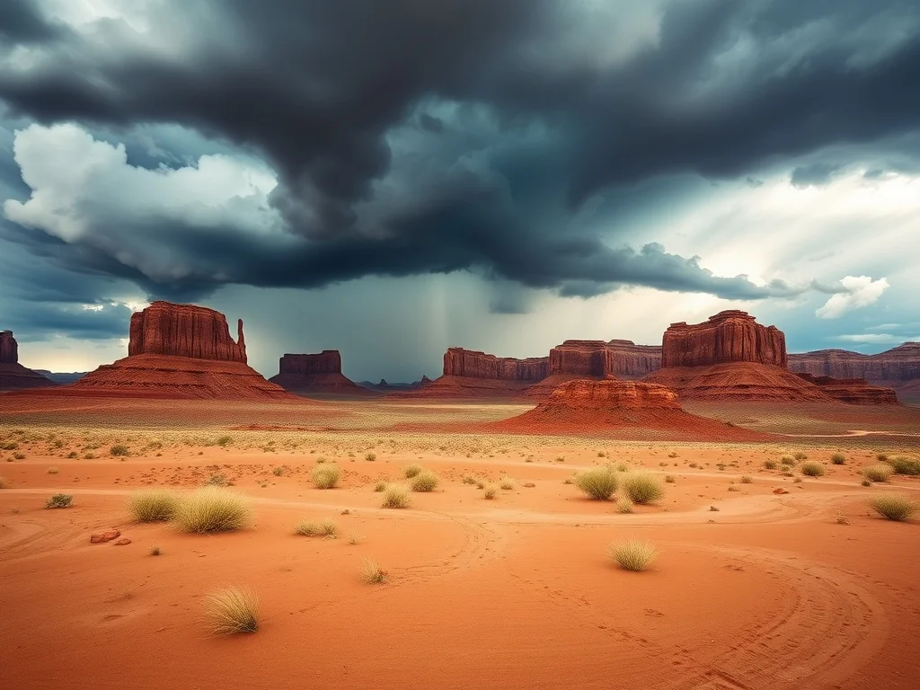 Monsoon thunderstorm and wind-driven dust over red rock desert terrain near St. George, Utah